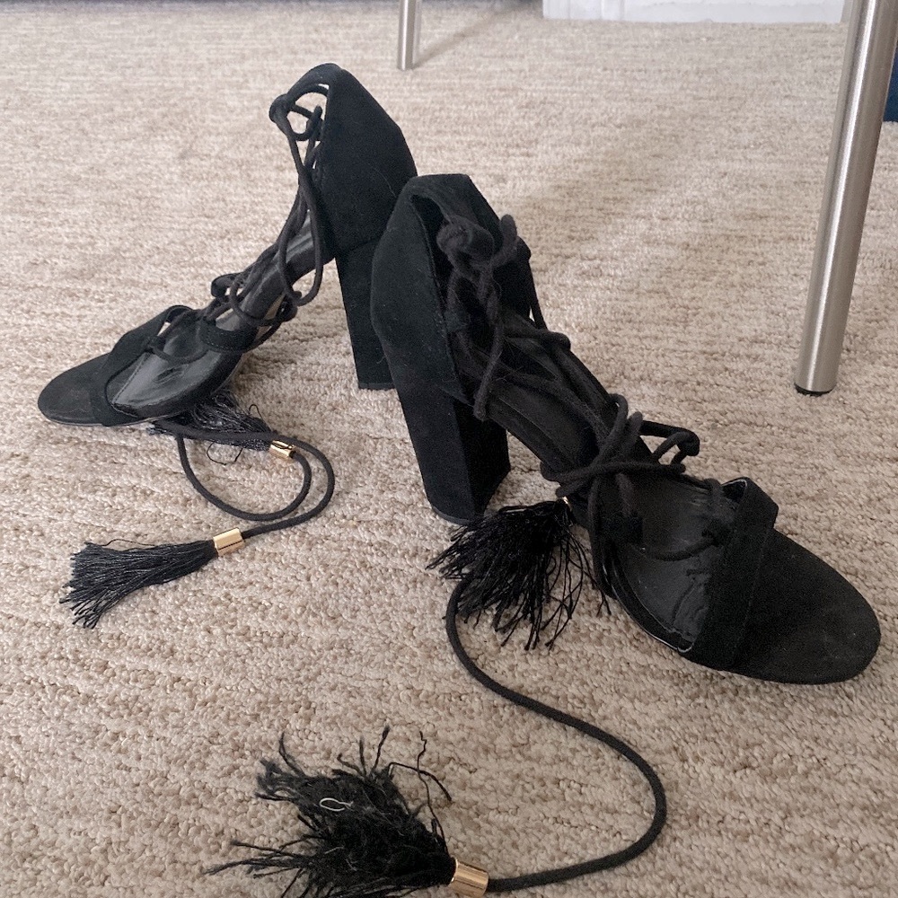 Tassel lace up black block heels